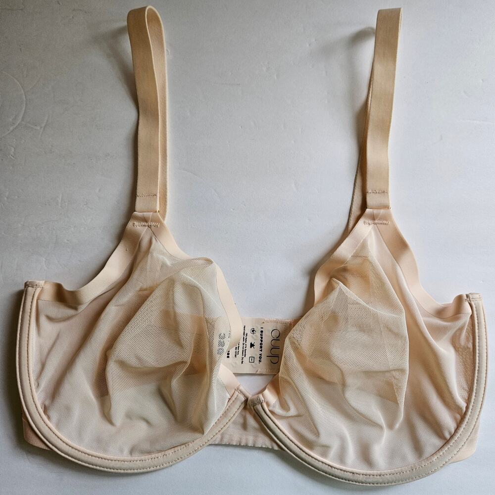 Cuup The Plunge Mesh Bra Size 32G Sheer Minimalist Underwire Nude Sand EUC